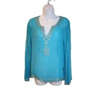 Saks Top S 100% Silk Blue Rhinestone Beaded Tunic Blouse India